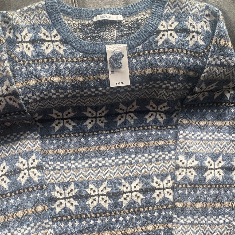 holiday sparkle, blue white Fair isle Patterned Crewneck Sweater